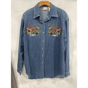 Bobbie Brooks Sz S Fall Harvest Kitty Cat Embroidered Blue Denim Shirt Button